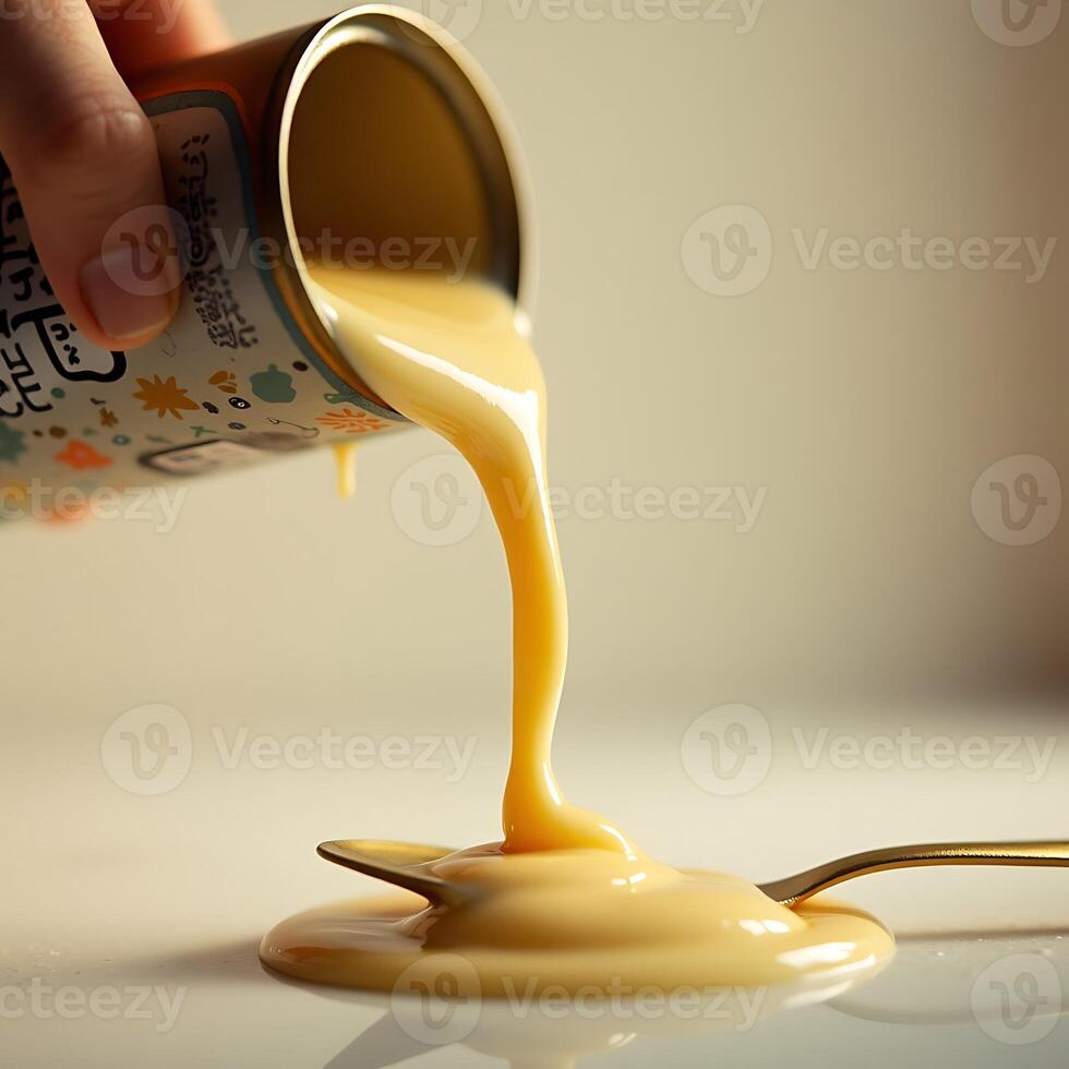 Pouring Sweetened Condensed Milk Onto Spoon Closeup photo