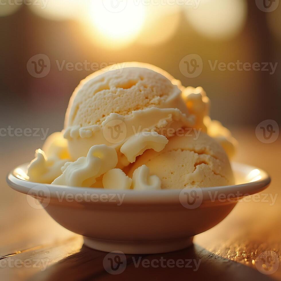 Vanilla Ice Cream Scoops in Bowl Lit by Warm Sunlight photo