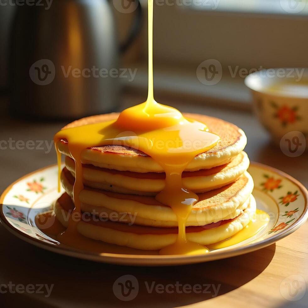 Pancakes with Syrup Being Poured on Stack Breakfast Treat photo