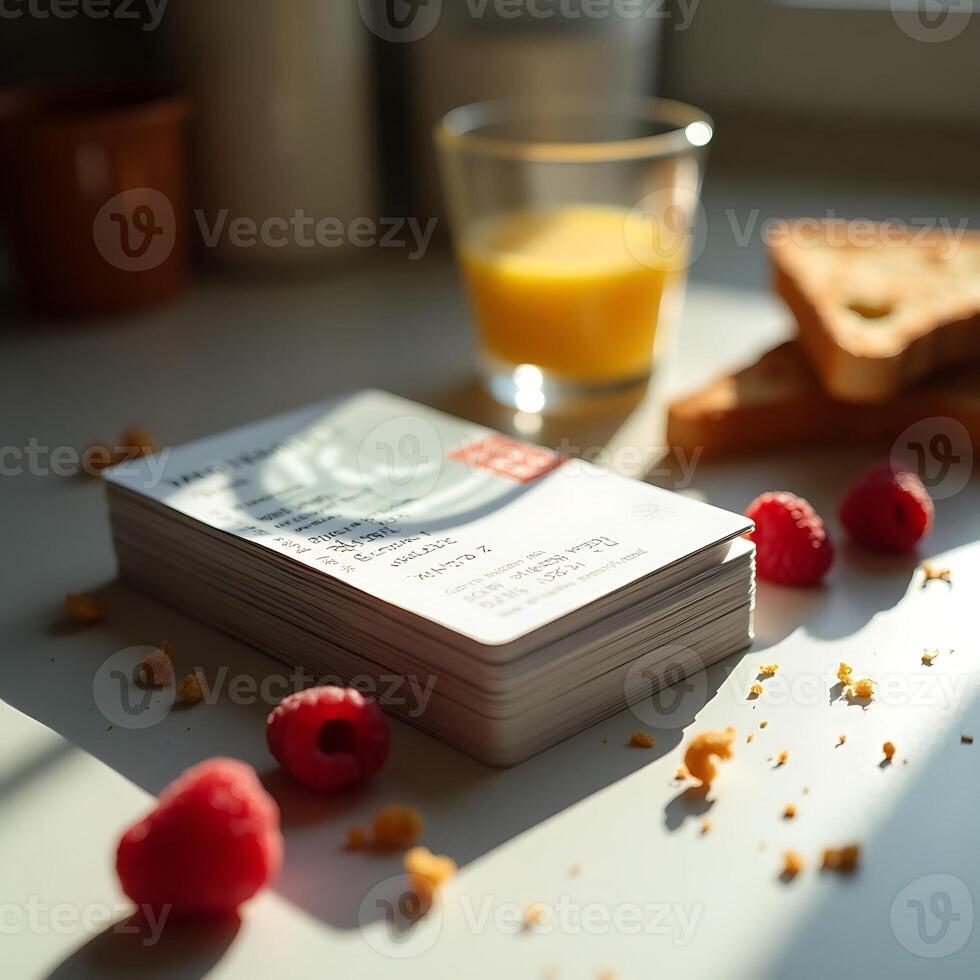 Breakfast Still Life with Cards, Juice, Raspberries and Toast photo