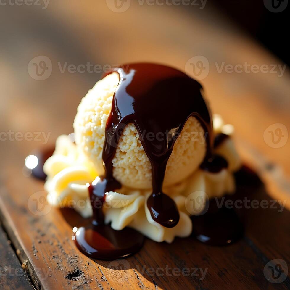 Ice Cream Scoop with Chocolate Sauce Flowing on Top photo