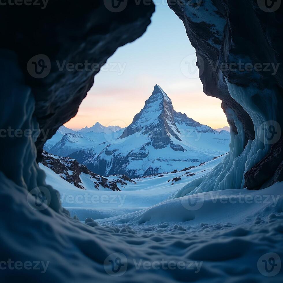 Snowy Mountain Peak Seen From Cave Entrance in Winter photo