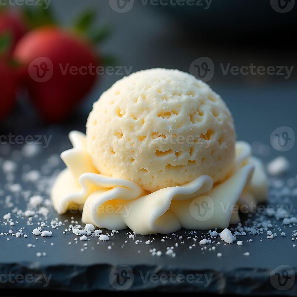 Scoop of Frozen Dessert on Swirls with Berries photo
