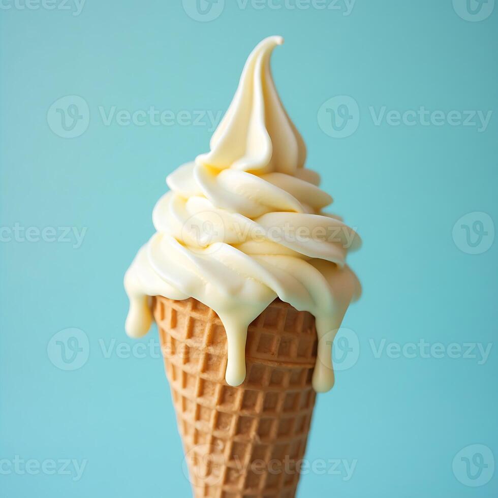 Ice Cream Cone with Vanilla Soft Serve and Dripping Melt photo