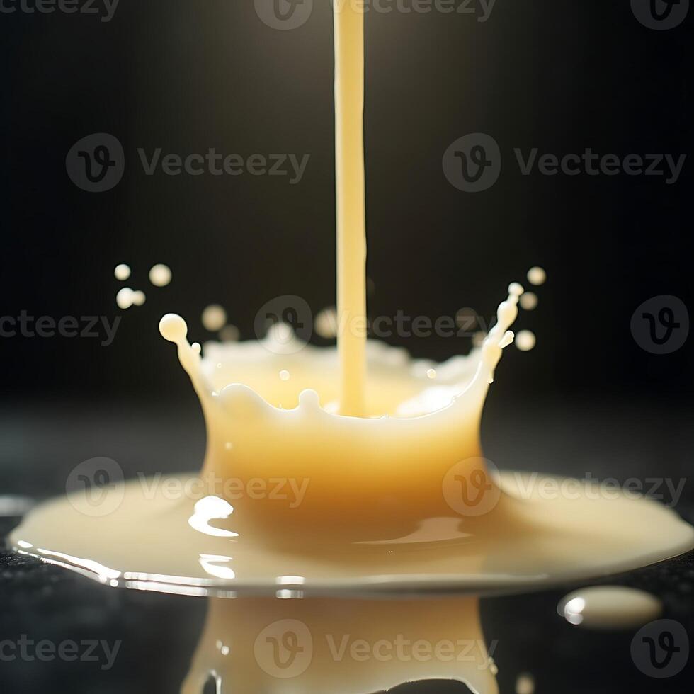 Liquid Pouring Creates a Splashing Crown on Dark Surface photo