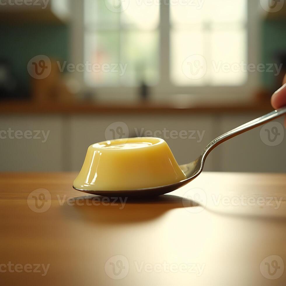 Serving Custard Pudding Dessert on Spoon in Kitchen photo