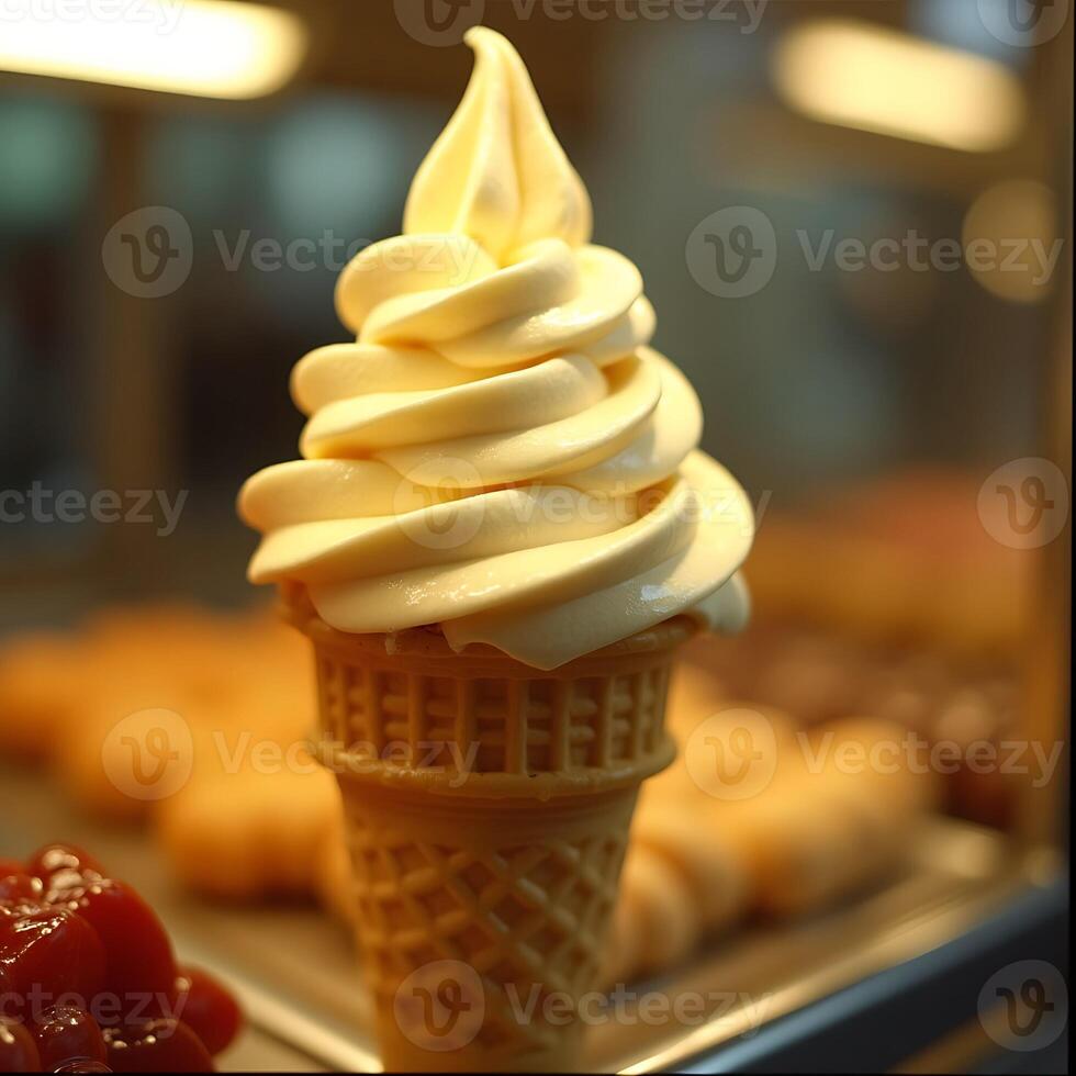 Vanilla Soft Serve Ice Cream Cone Close-up Dessert photo