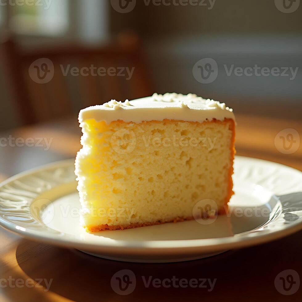Enjoying Slice of Cake with White Frosting on Plate photo