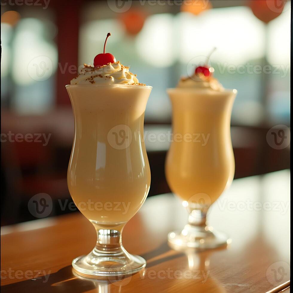 Delicious Milkshake in Glass Topped with Whipped Cream and Cherry photo