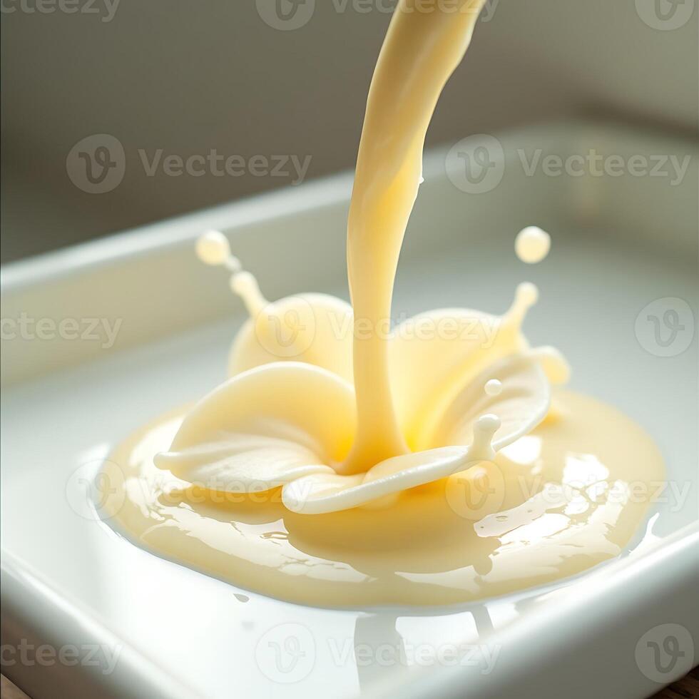 Pouring Creamy Liquid Creating Splashes on White Surface photo