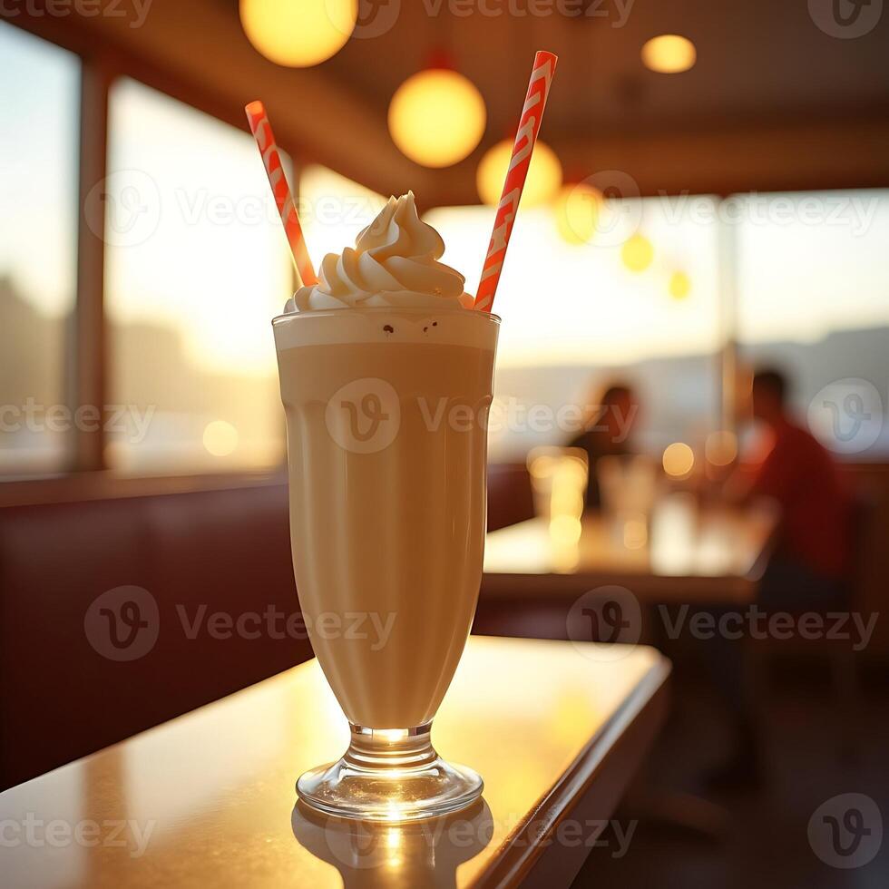 Enjoying Milkshake with Straws at Diner on Sunny Day photo