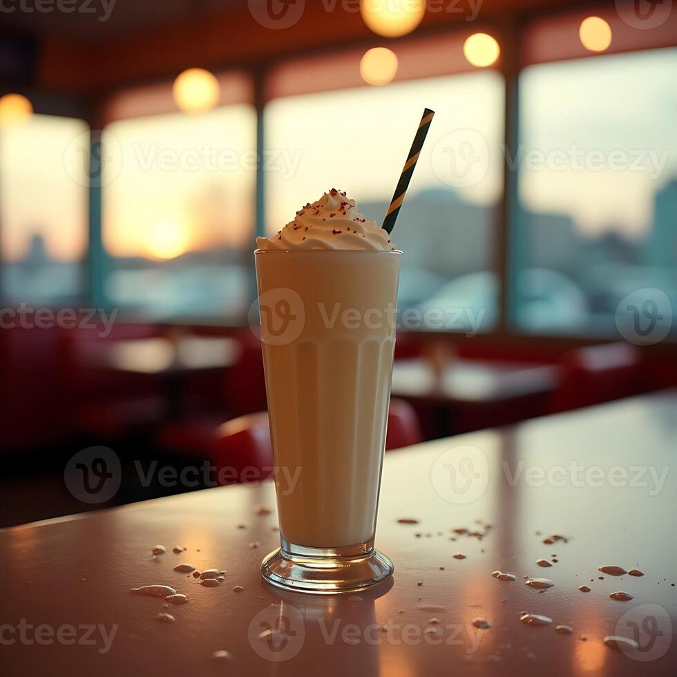 Enjoying Milkshake with Whipped Cream at Diner Table photo