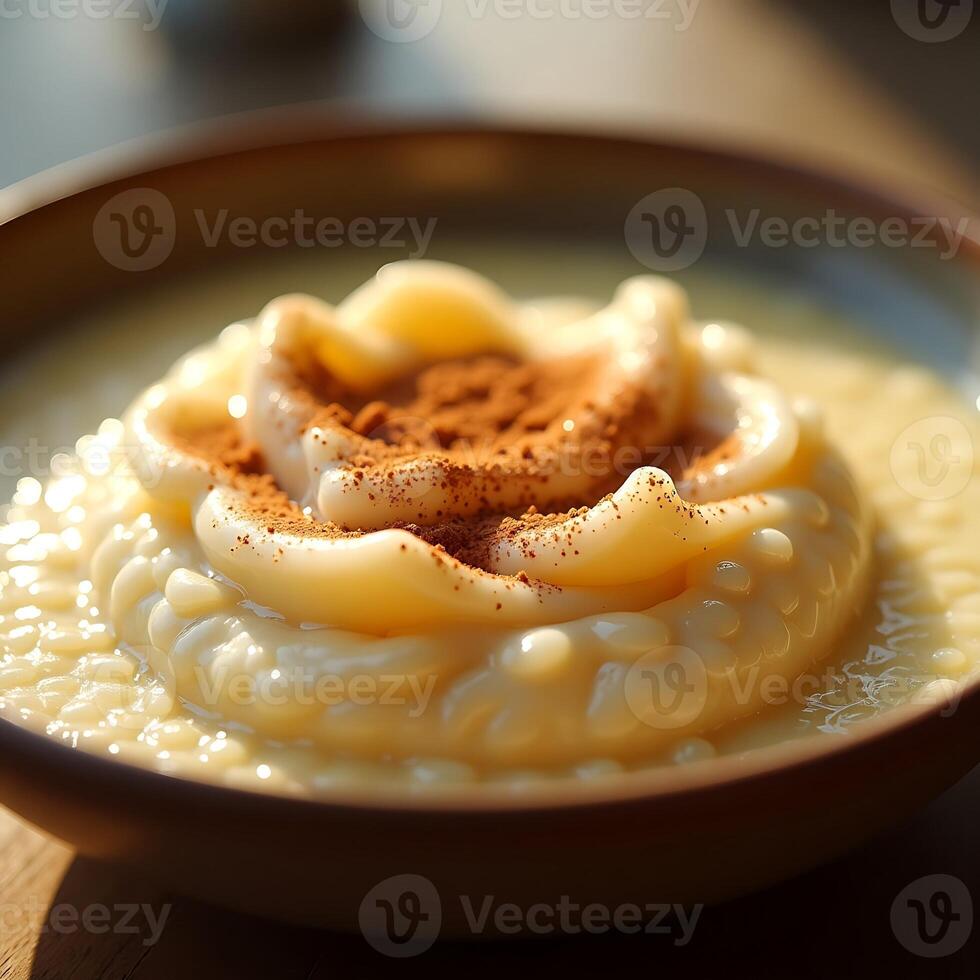 Creamy Rice Pudding Dessert with Cinnamon in Bowl photo