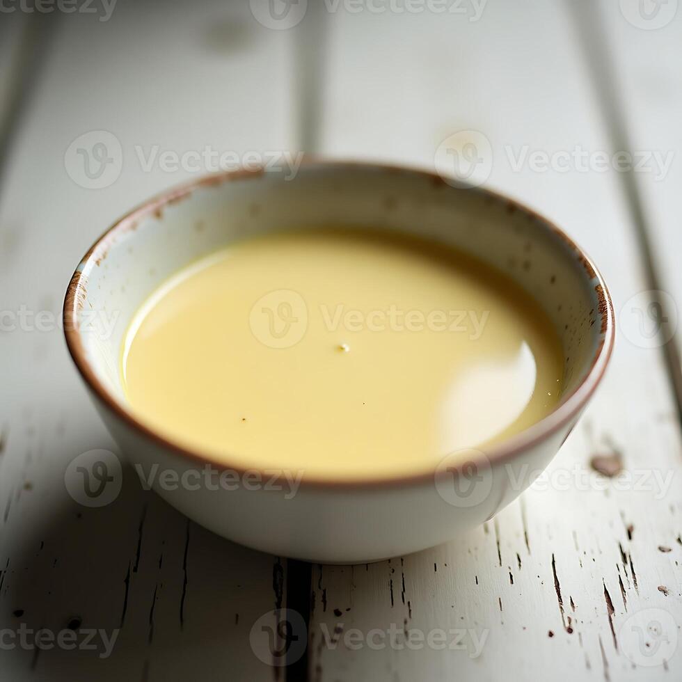 Serving of Creamy Soup in Bowl on Rustic Wood Surface photo