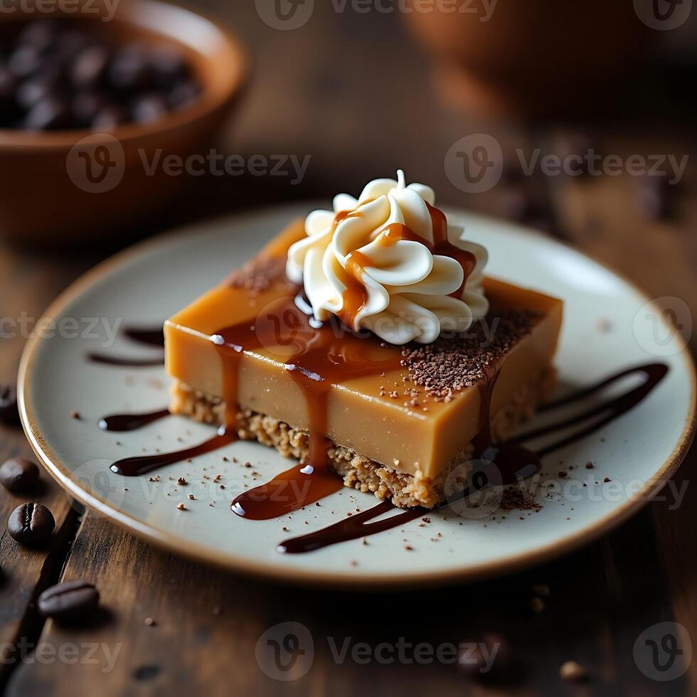 Caramel Dessert with Cream Topping and Chocolate Drizzle on Plate photo