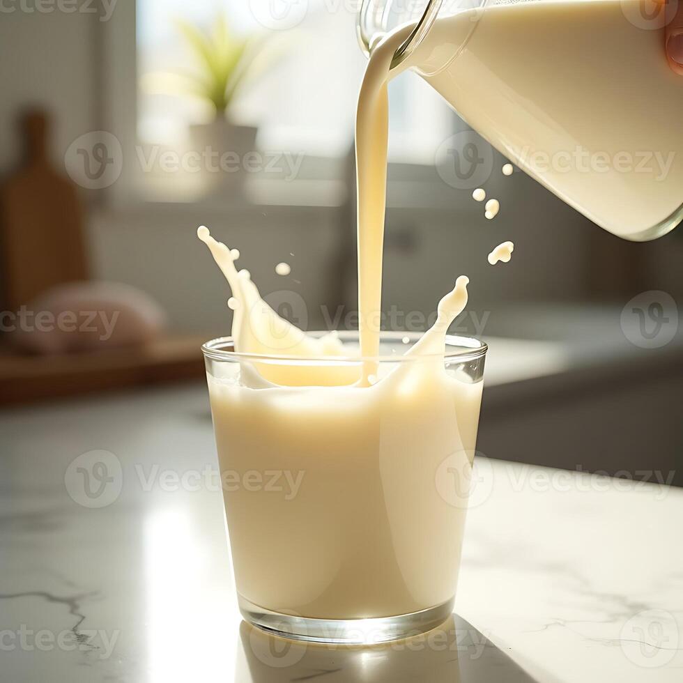 Pouring Milk Into Glass with Splash on Marble Counter photo
