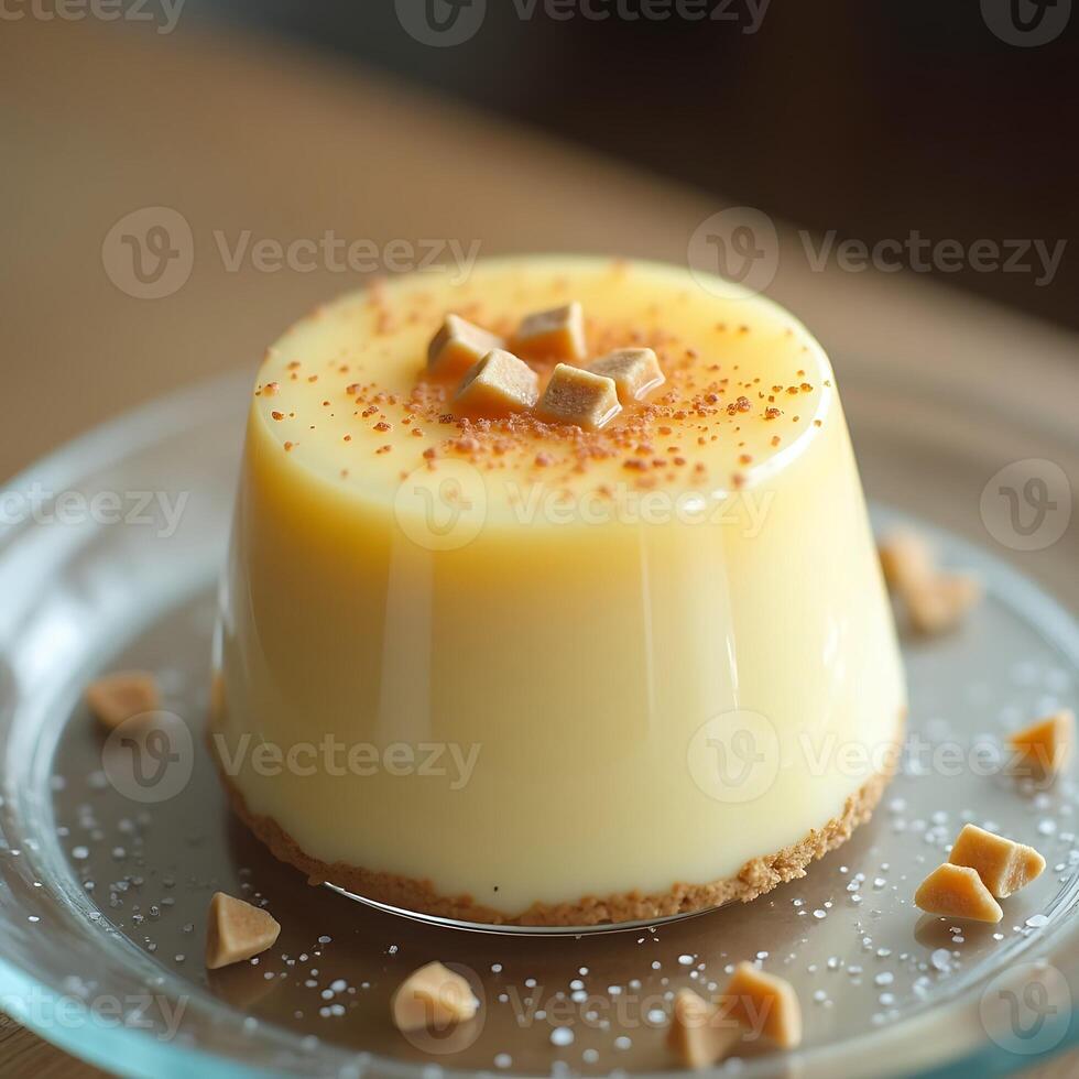 Serving Custard Dessert with Caramel Pieces on Glass Plate photo
