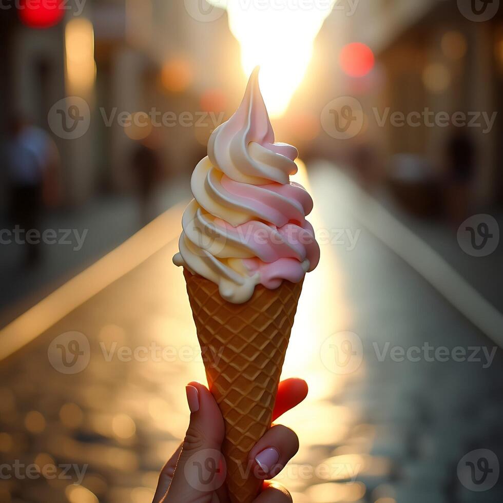 Holding Ice Cream Cone in City at Sunset photo