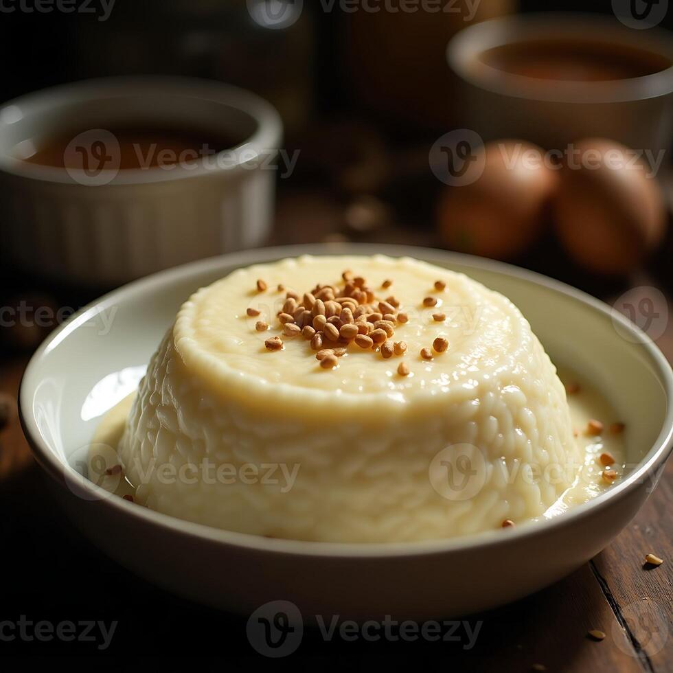 Serving of Creamy Rice Pudding with Small Seeds on Wooden Table photo