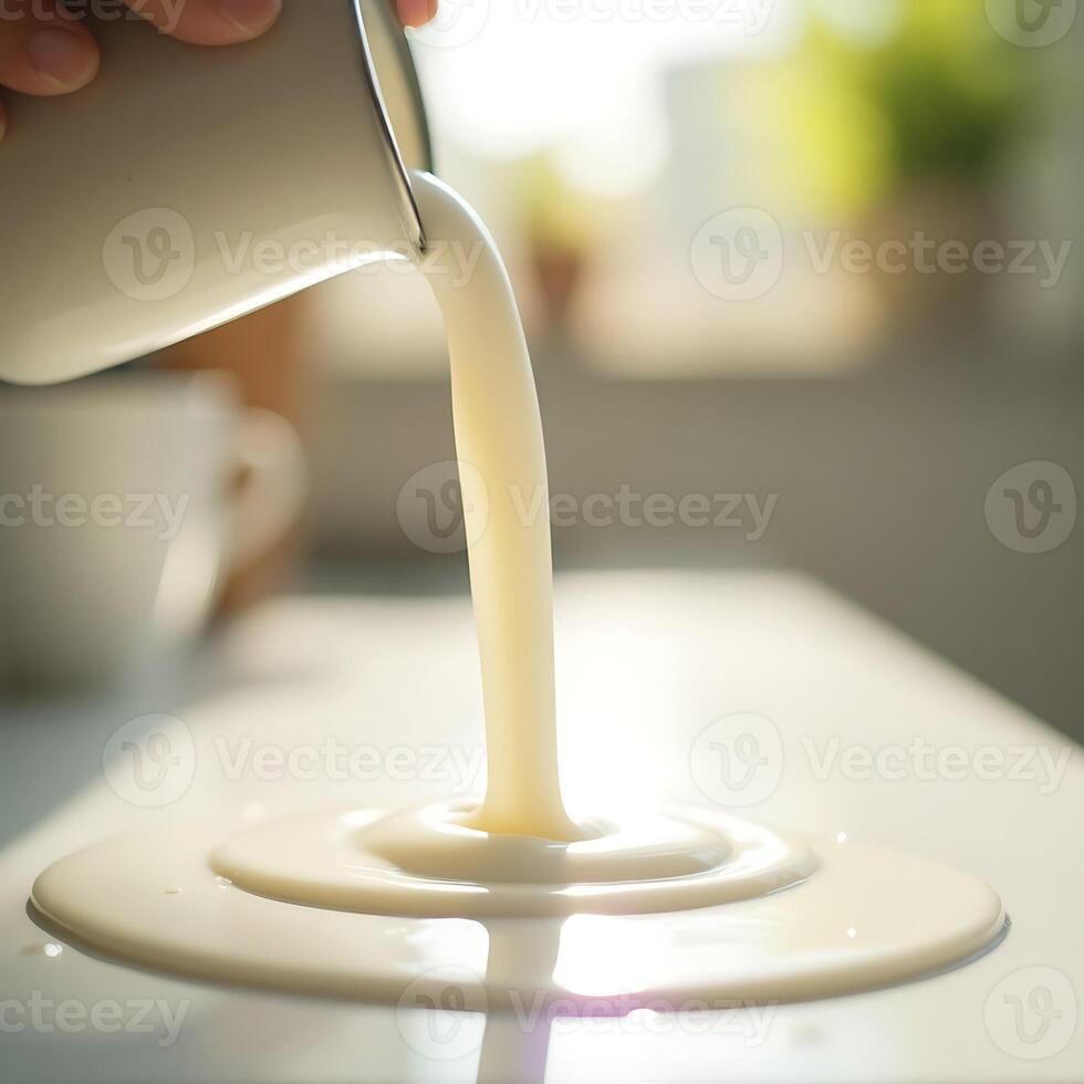 Pouring Creamy Liquid Creates Splatter with Reflection photo