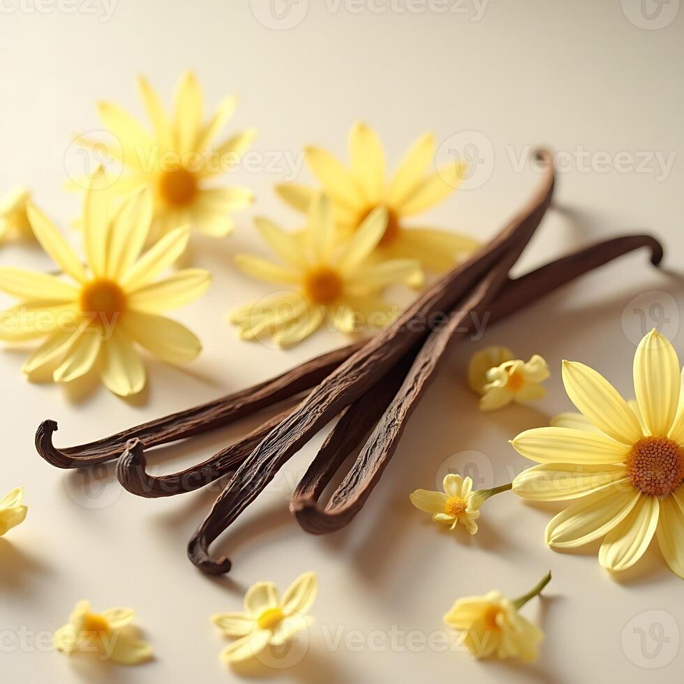 Vanilla Beans with Yellow Flowers Still Life Arrangement photo