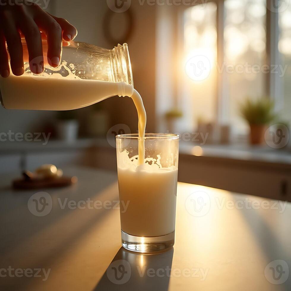 Pouring Fresh Milk Into Glass at Sunset in Kitchen photo