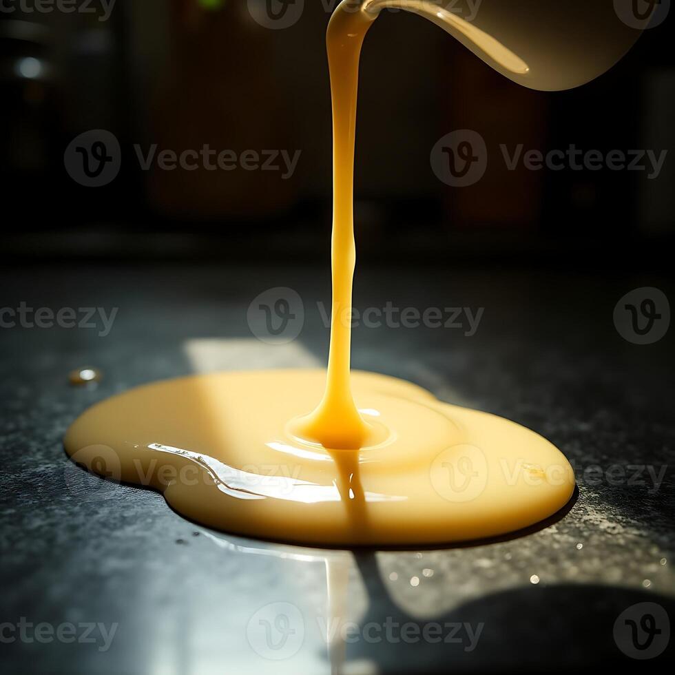 Pouring Creamy Sauce Creating Puddle on Surface photo