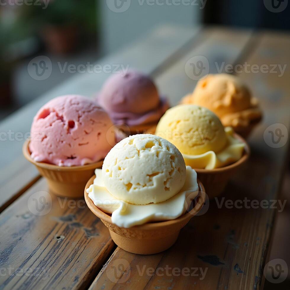 Colorful Ice Cream Scoops in Cups on Rustic Wooden Table photo