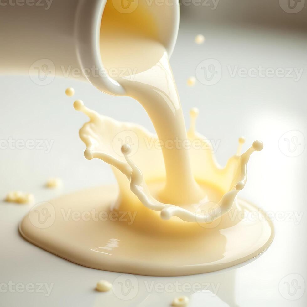 Pouring Cream Splash Effect From White Pitcher on White Background photo