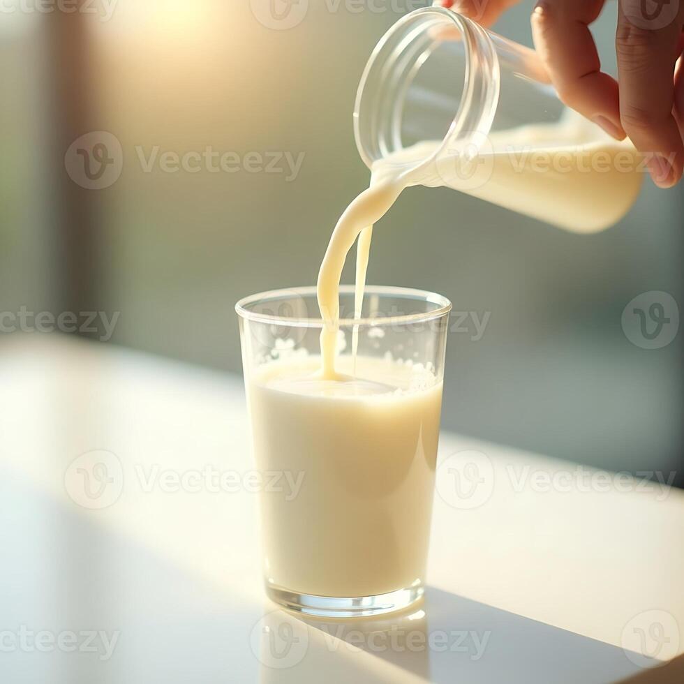 Pouring Milk Into a Glass Close-up in Bright Sunlight photo