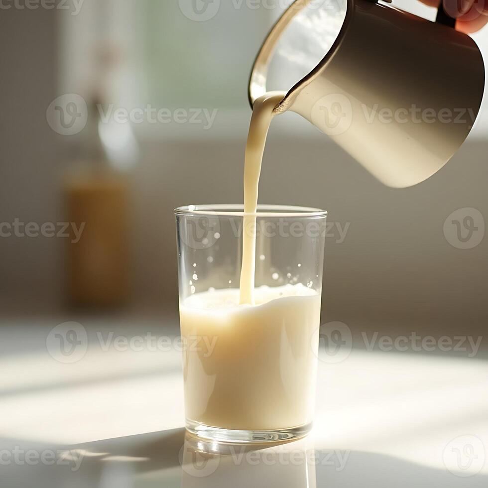 Pouring Creamy Beverage Into Glass in Bright Kitchen photo