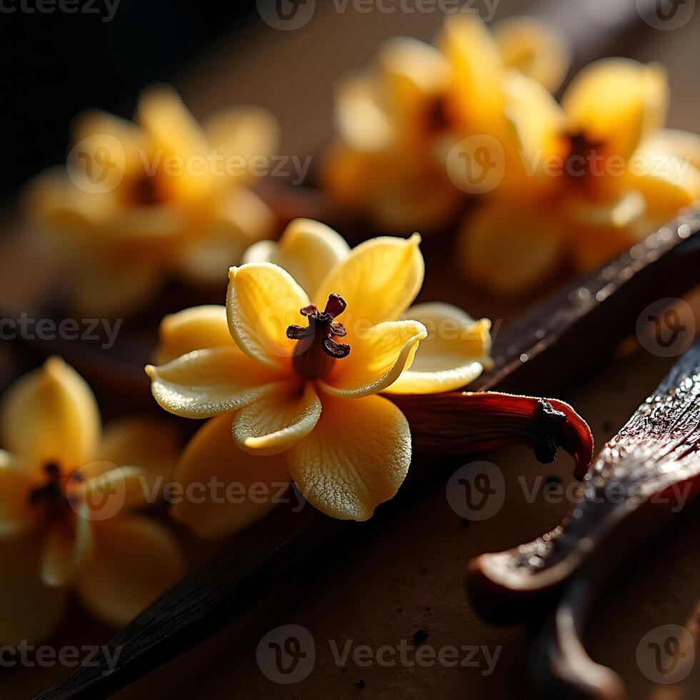 Vanilla Flowers and Beans Close Up on Warm Background photo