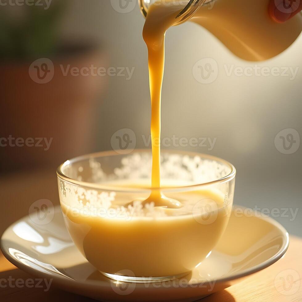 Pouring Creamy Liquid Into Glass Bowl on Plate photo