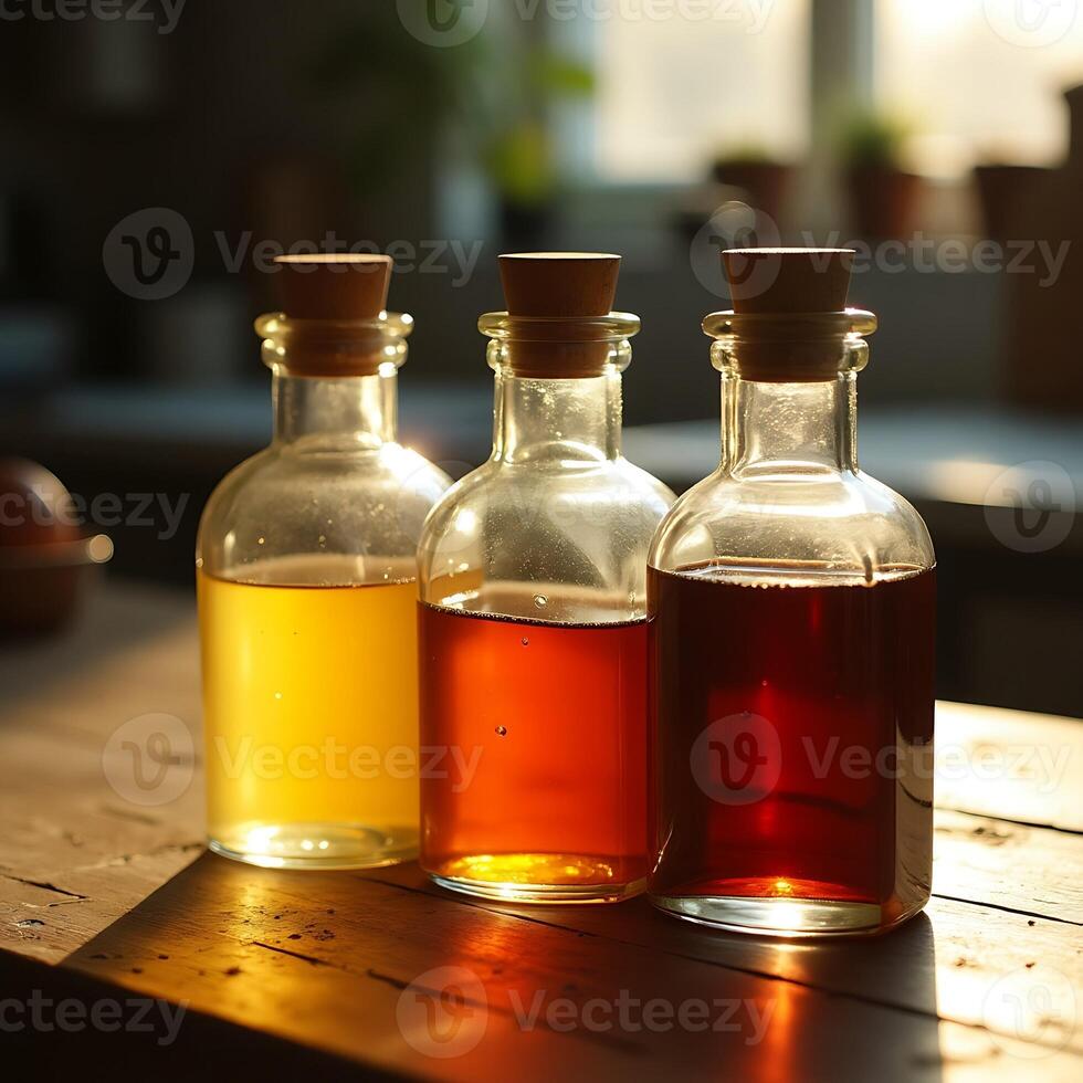 Bottles Filled with Liquid Colors on Rustic Table photo
