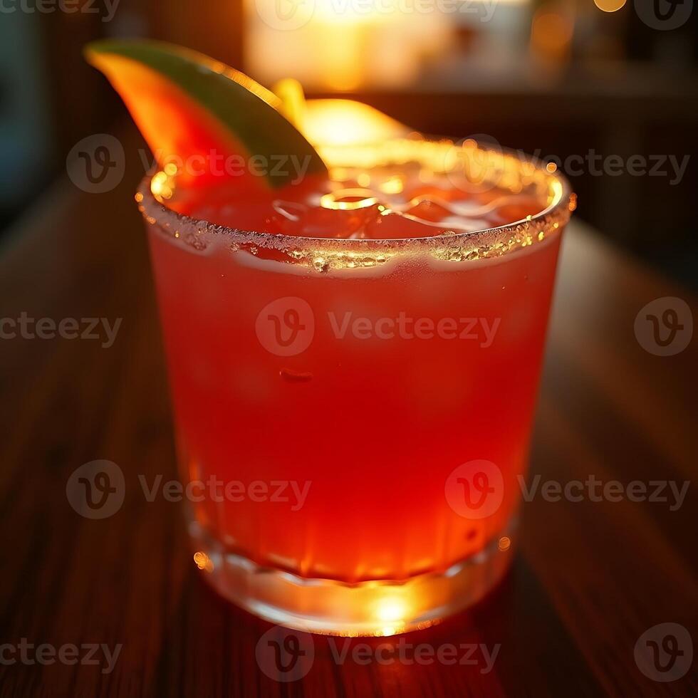 Refreshing Red Drink with Watermelon Slice on Bar Top photo