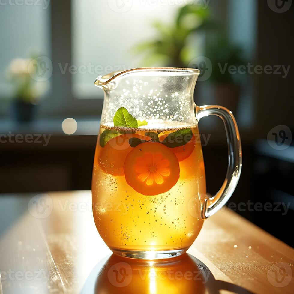Pouring Citrus Fruit Drink with Mint in Glass Pitcher photo