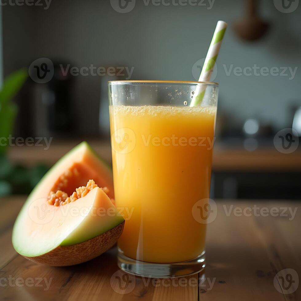 Refreshing Melon Juice with Straw and Melon Wedges on Wooden Table photo
