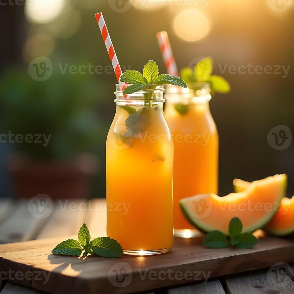 Refreshing Melon Juice with Mint on Wooden Board in Sunlight photo