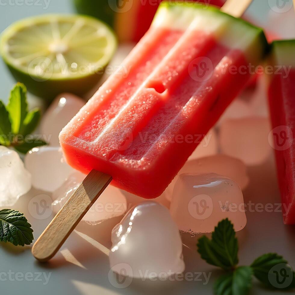 Watermelon Popsicle on Ice with Lime and Mint Summer Treat photo