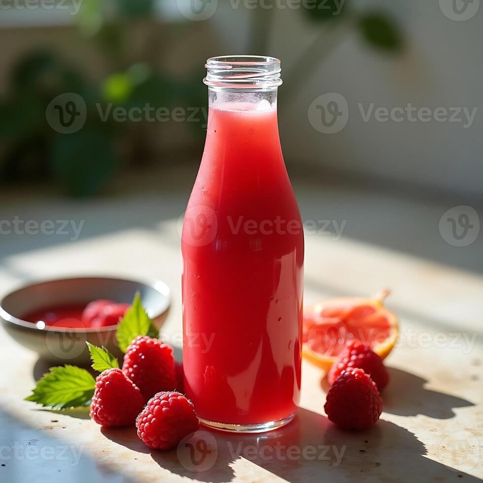 Raspberry Juice Bottle with Fresh Fruit and Natural Light photo