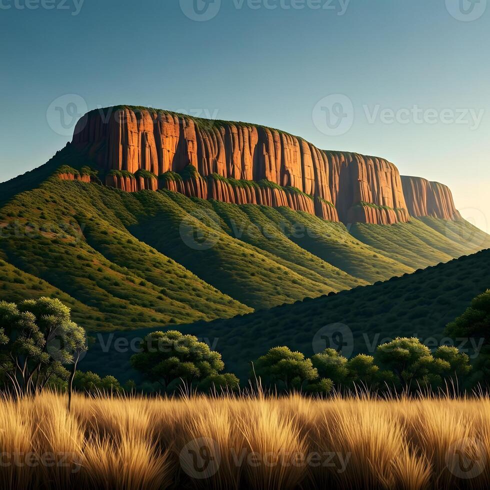 A painting of a mountain range with grass and trees photo