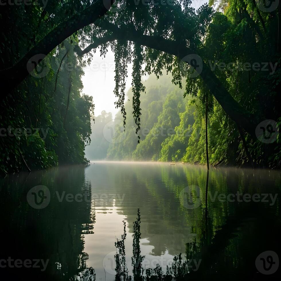 A river in the jungle with trees and water photo