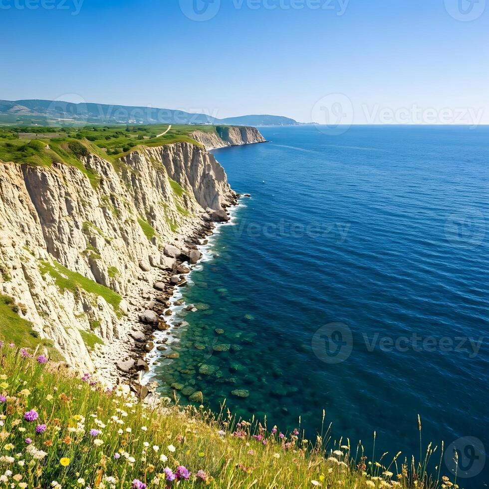 Beautiful view of the sea and cliffs in the summer, kazachstan, russia photo