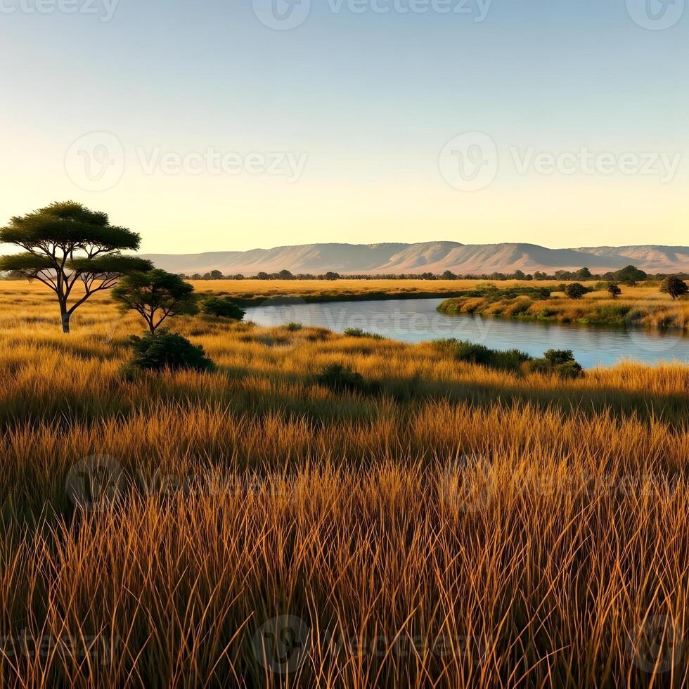 A river and grassy field with trees and water photo