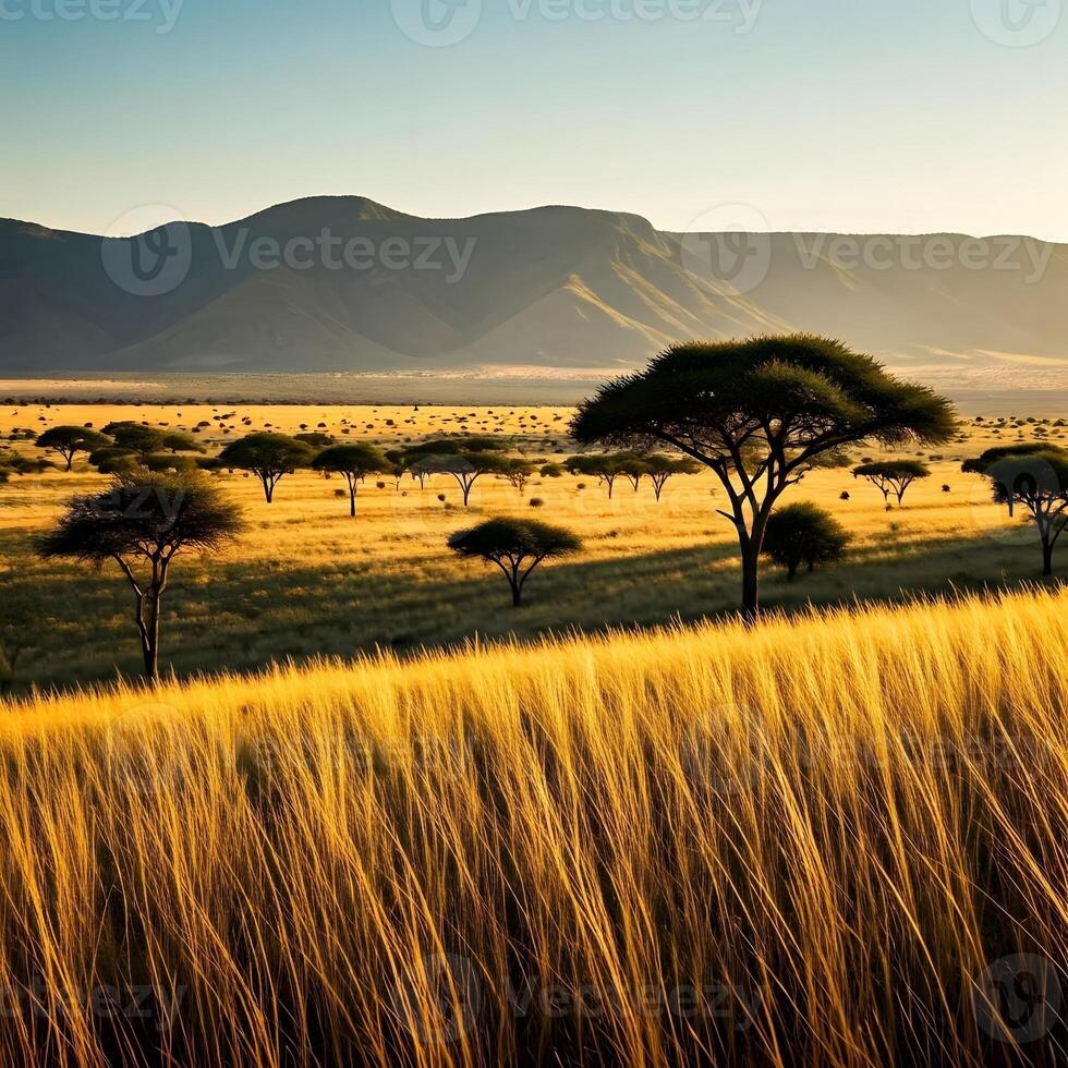 A view of the african savannah with grass and trees photo