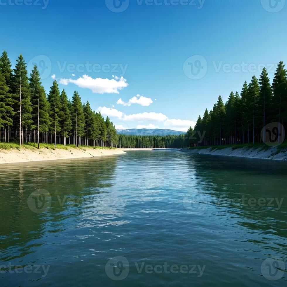 A river surrounded by trees and a blue sky photo