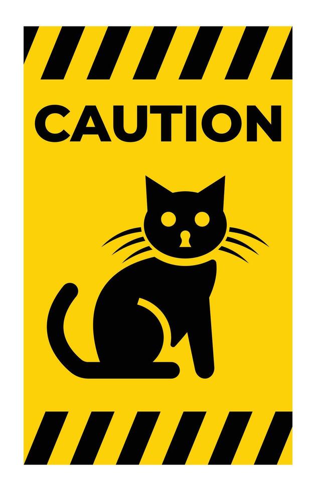 Caution Sign with Black Cat Icon on Yellow Background and Striped Border vector
