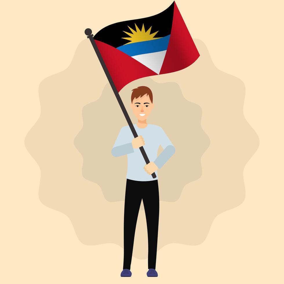 Happy Man Holding Antigua and Barbuda Flag vector