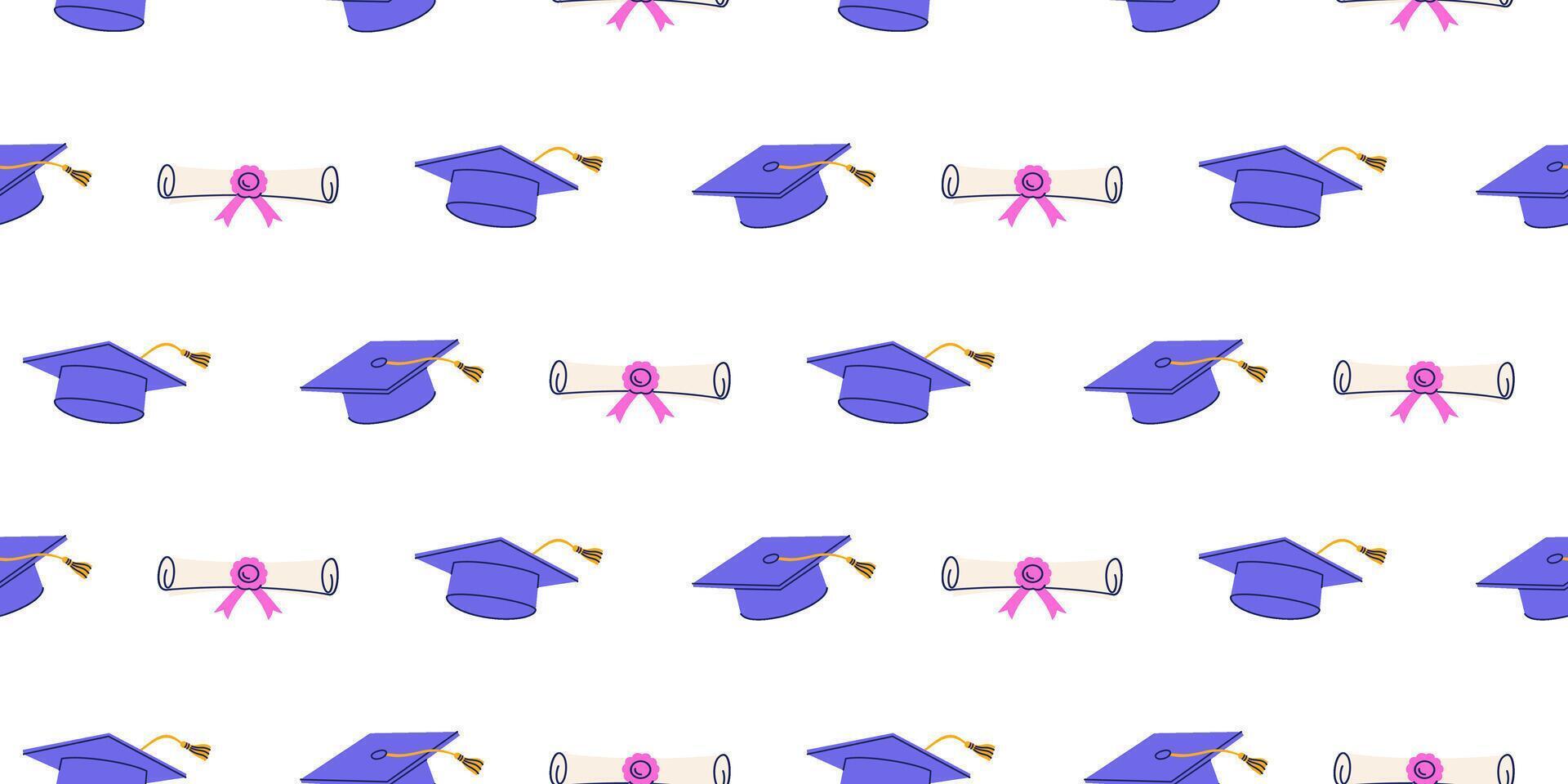 Seamless Pattern With Purple Graduation Hats And Diplomas Arranged On White Background. Graduation Celebration And Education Concept For Wallpaper And Print. vector