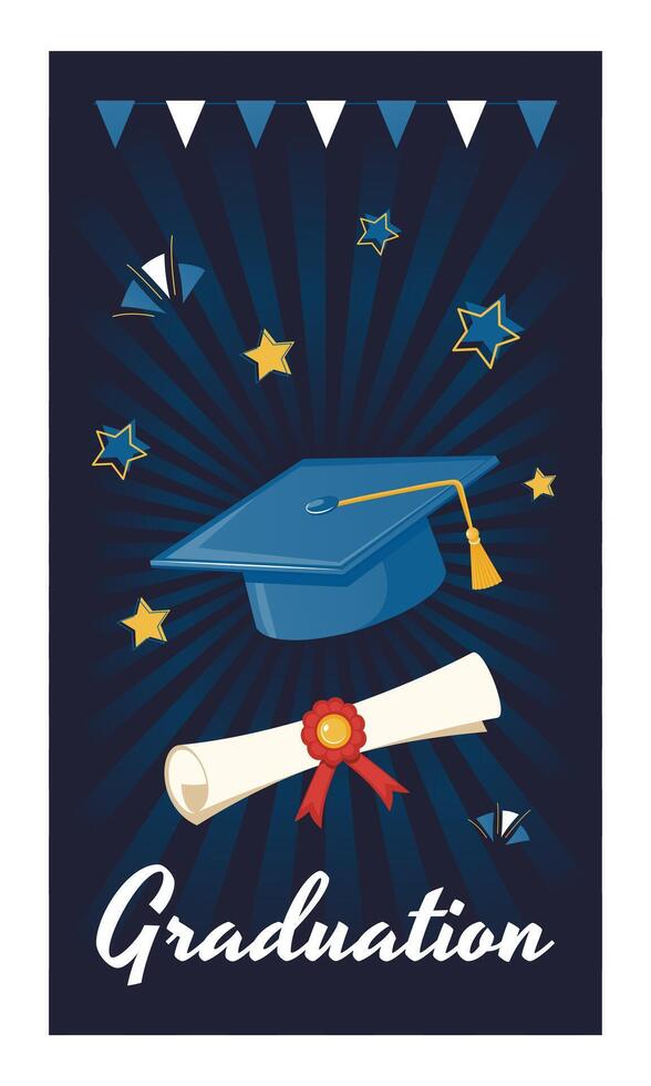 Graduation Hat, Bachelor Cap and Diploma Certificate with Stars on Dark Radial Background. Vertical Instagram Story Template. Graduation Celebration Concept for Banner, Card, and Invitation vector